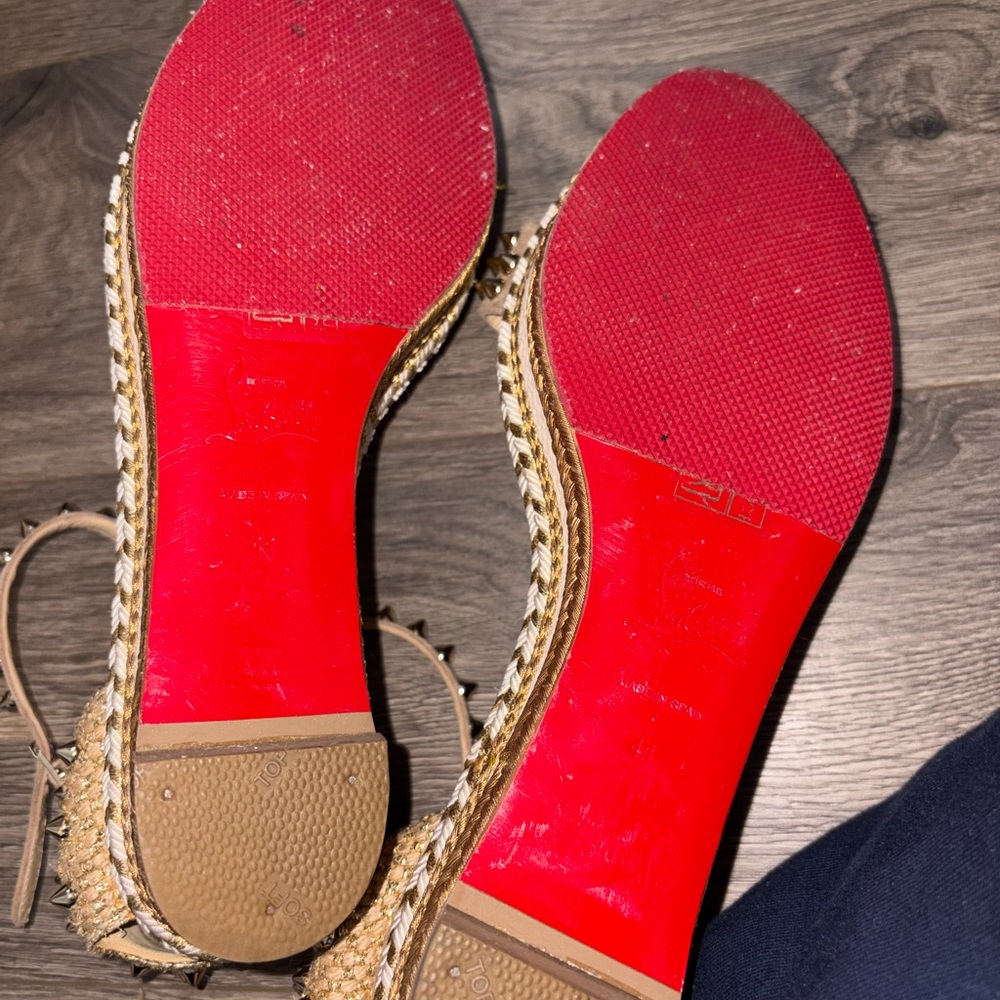 Louboutin Studded Suede Ankle-Strap gold/white/nude red bottoms❤️❤️‍🔥 - Picture 5 of 5